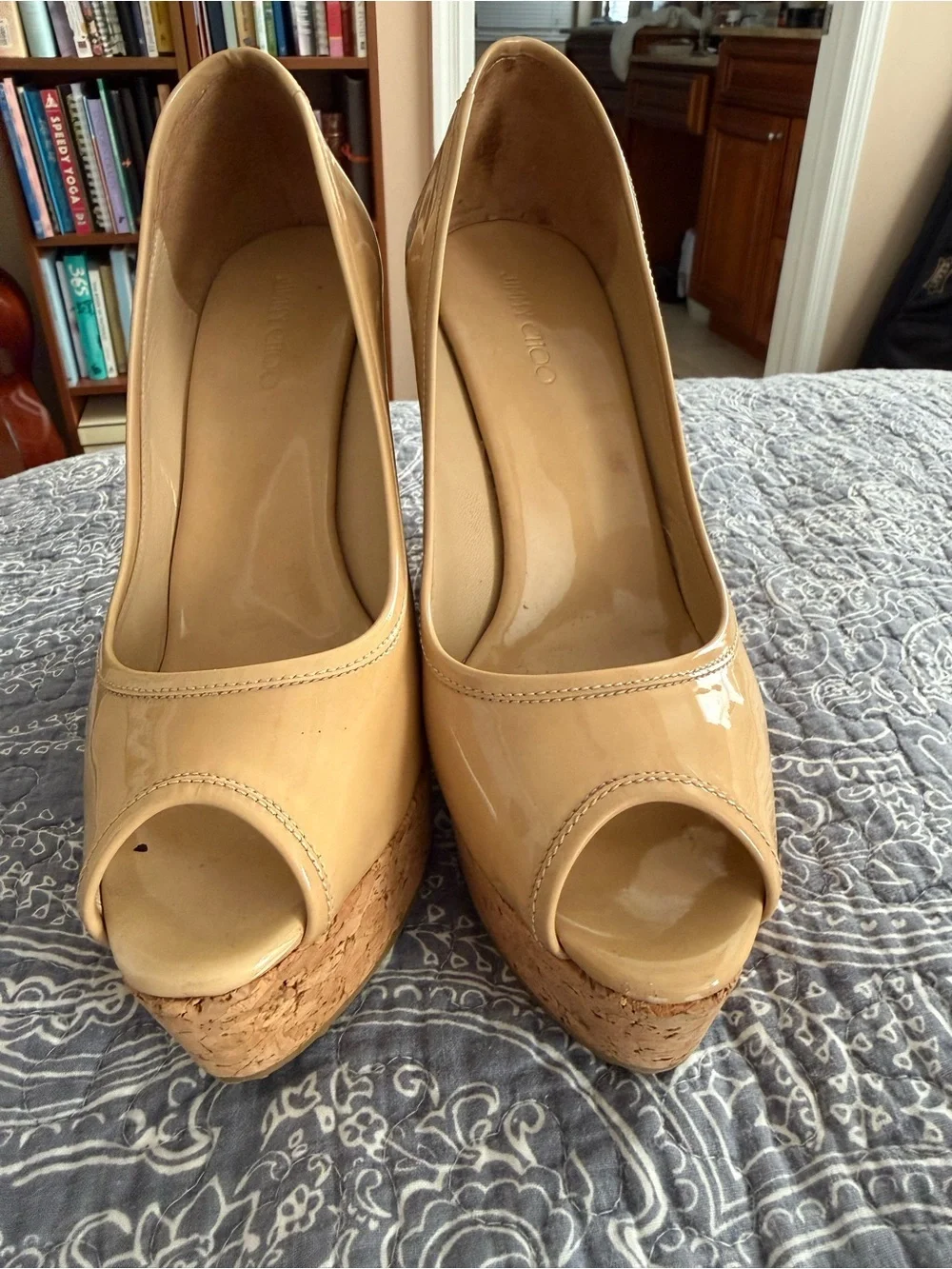 Jimmy Choo Nude Patent Peep-Toe Cork Wedge Pumps